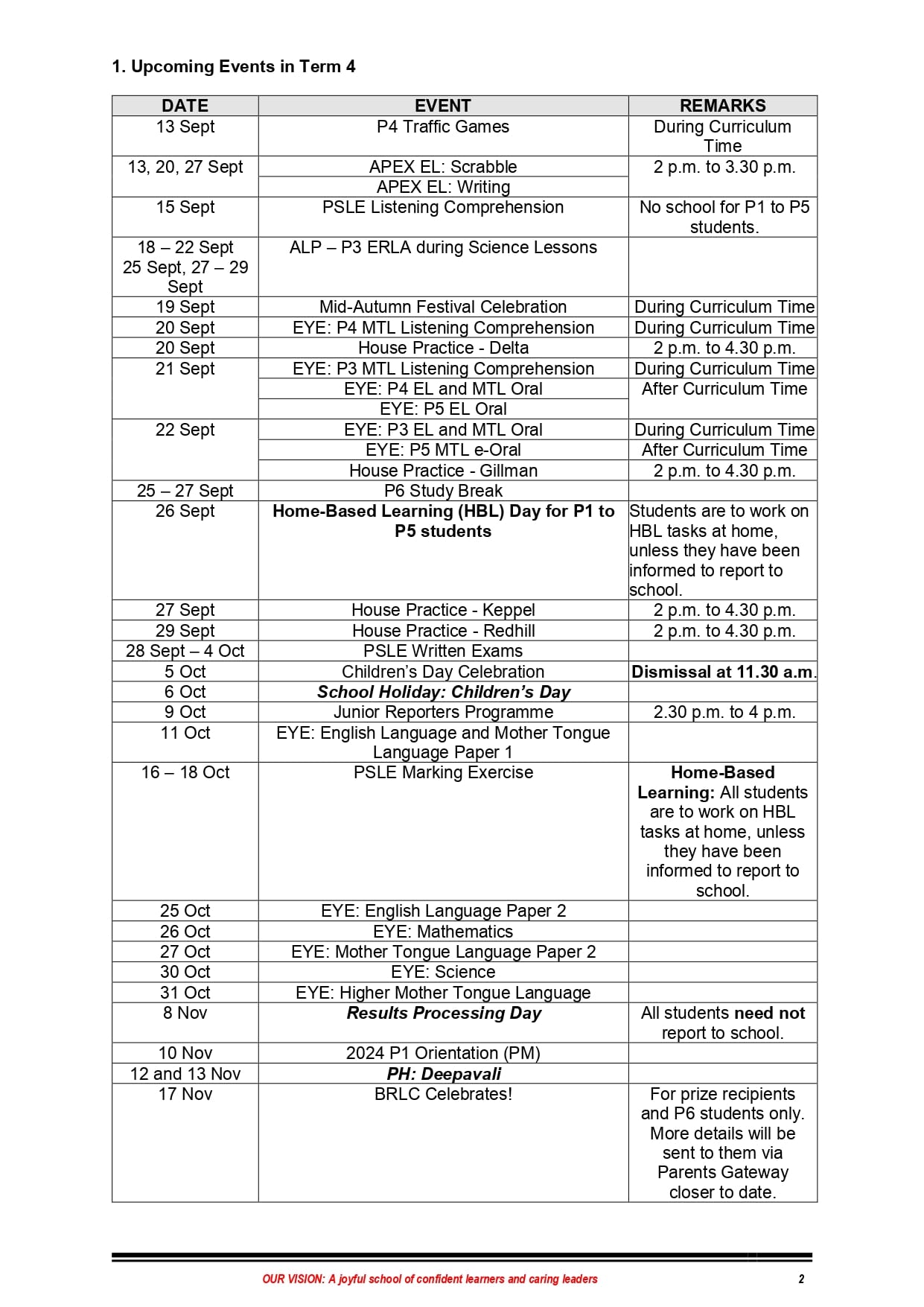 Table listing upcoming Term 4 school events with dates from September to November and remarks for each event.